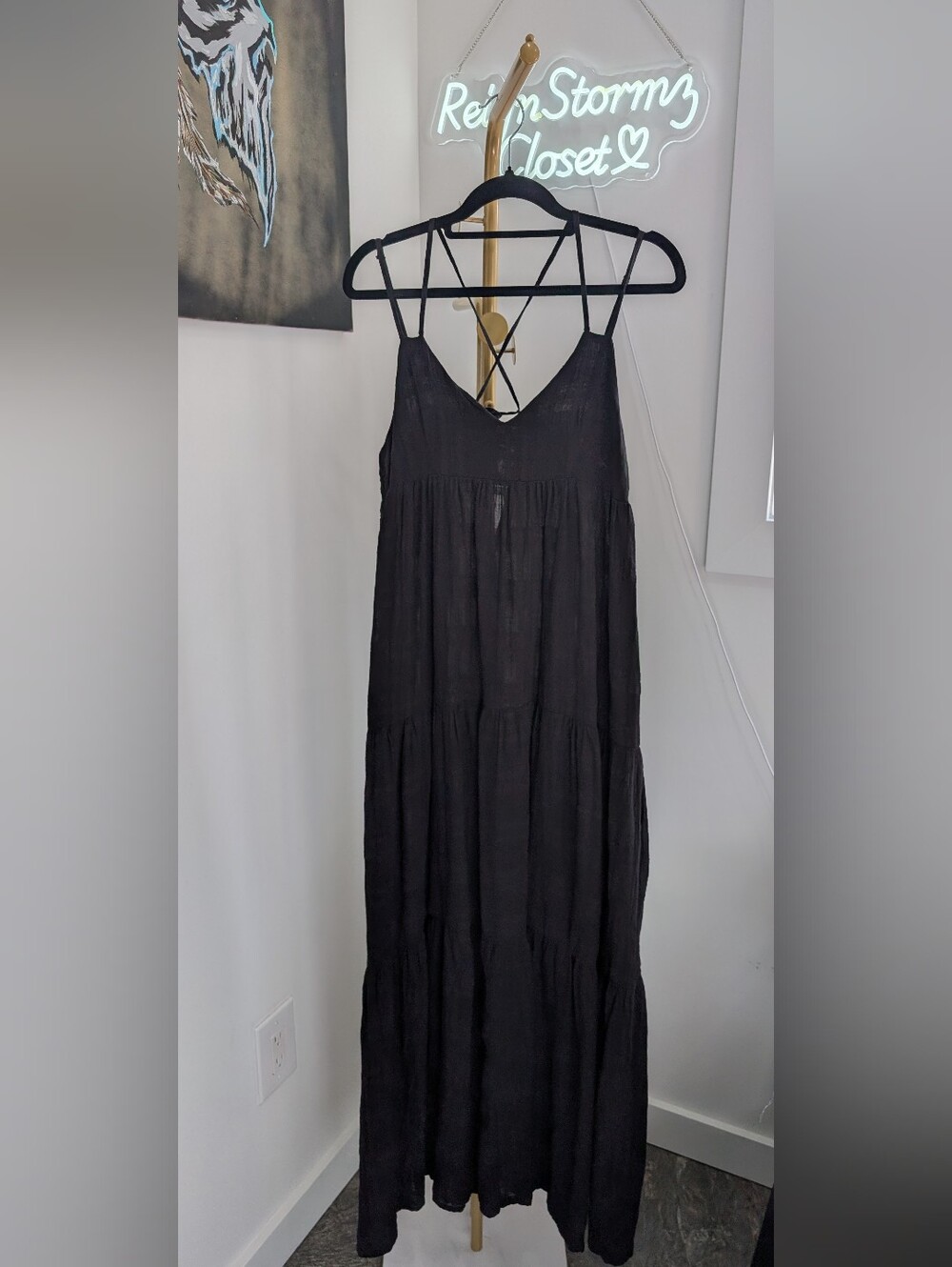 Young Fabulous & Broke YFB Black Sheer Plaid Tiered Maxi Dress Small S